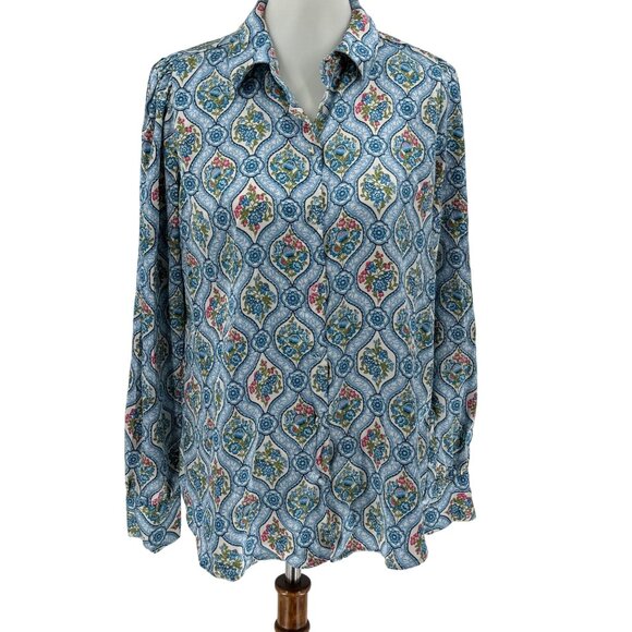 Haver & Blair Womens Button-Up Long Sleeve Floral Blouse M Blue/White 100% Polye - Picture 1 of 9